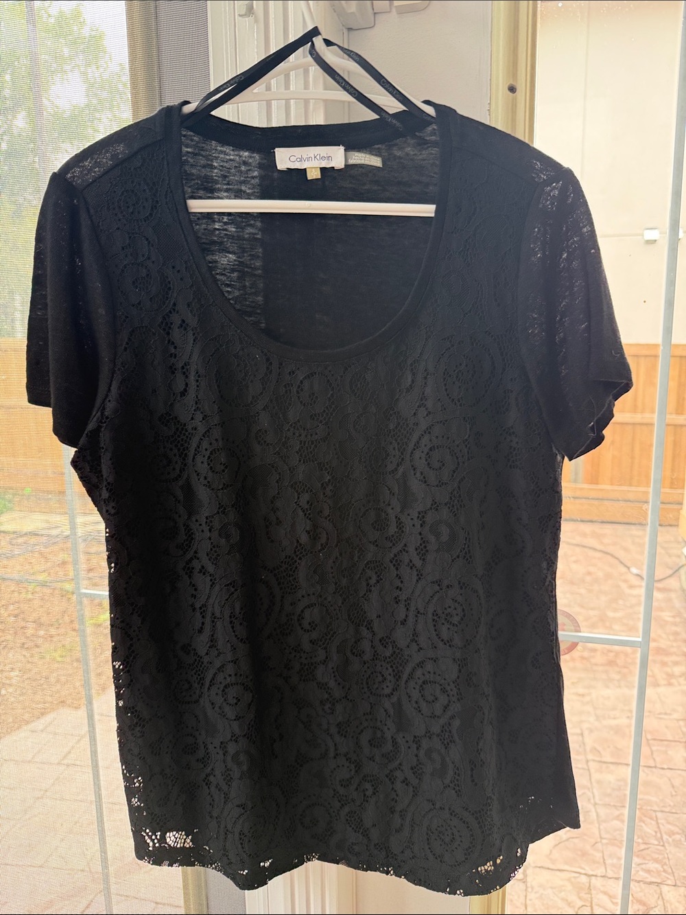 Calvin Klein Black Lace Scoop-Neck Short Sleeve Top
